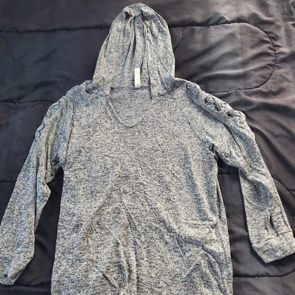 women small gray long sleeve with hood, lace up accent to sleeves